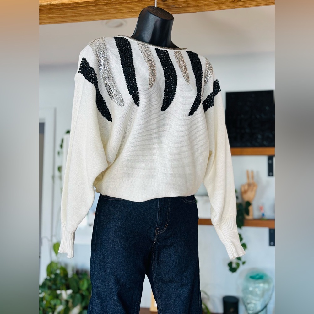 Sequin Embellished Sweater – White Knit with Black & Silver Accents - Picture 2 of 12